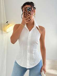 Chiquease Top camisole élégant texturé en jacquard sans manches, sexy, pour le bureau/usage quotidien - Blanc - Voir 1
