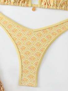 Swim Mod Springbreak Women Summer Floral Print Spaghetti Strap Top And High Cut Bikini Bottoms Beach Outfit - Yellow - View 5