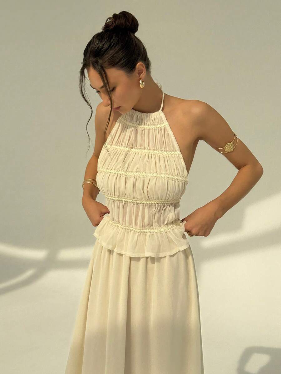 Aloruh 2 件杏色纹理面料女式无袖短款上衣 + 长款褶皱裙套装，性感露背低腰装，春夏