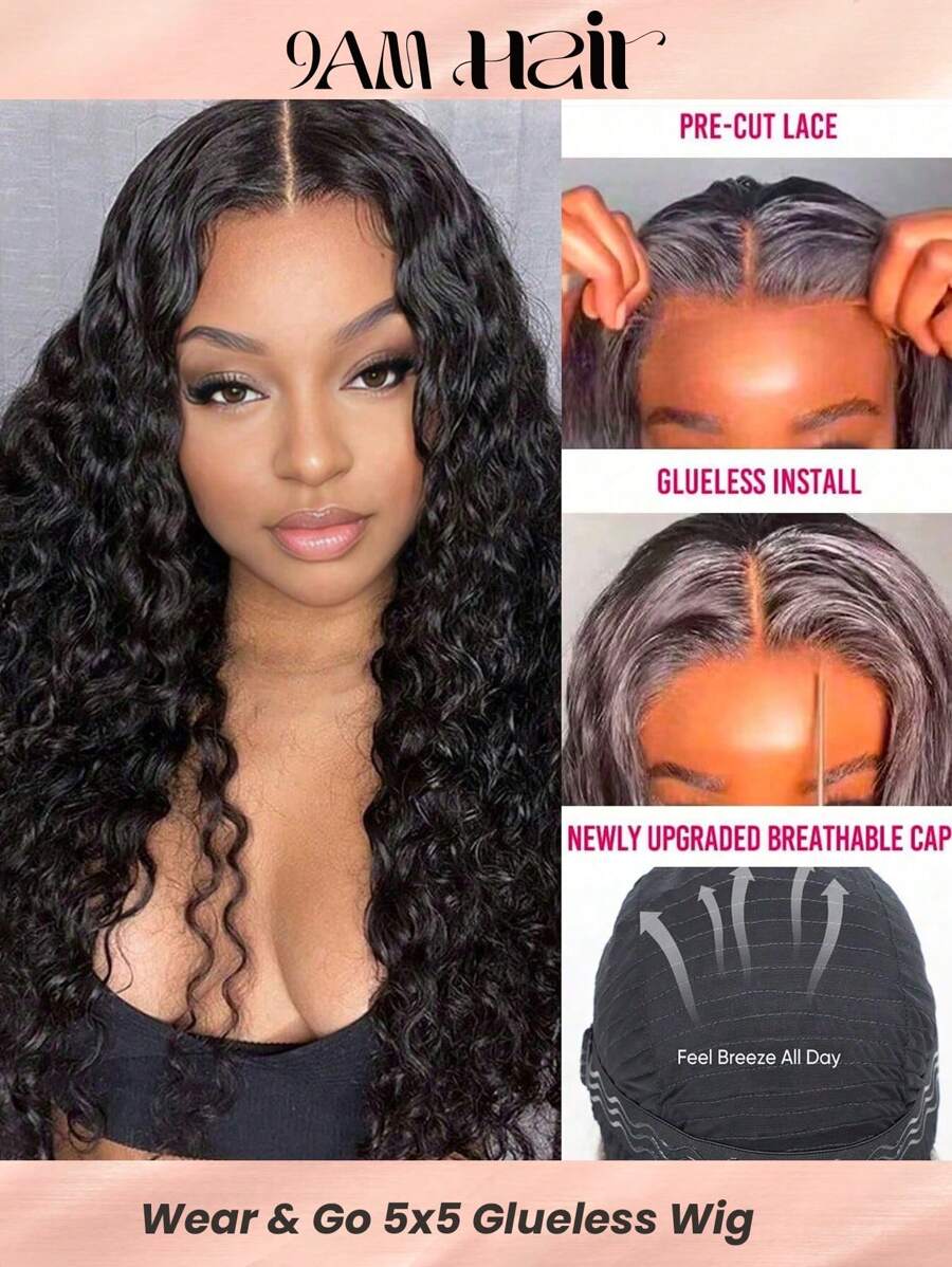 Tóc giả Wear & Go 5x5 không cần keo cắt sẵn ren co giãn thoáng khí nguyên chất tóc giả sóng nước đóng tóc giả 0 kỹ năng cần thiết mũ khí mát mẻ thoải mái cả ngày