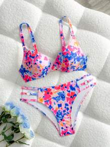 SHEIN Swim 2pcs Sunlight Beach Wear Set,Supportive Padded, Spaghetti Strap Triangle Bikini, Hollow-Out Design For Summer Beach Vacation - Multicolor - View 1