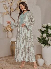 Al Najma 印度尼西亚/中东风格宽松印花长袍/阿巴雅，适合迪拜、土耳其，朴素的卡夫坦长袍 - 綠色 - 查看 4