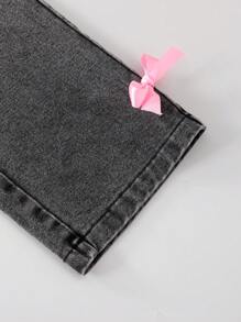 SHEIN ChillGRL 2 件女童休闲蝴蝶结 T 恤和牛仔裤套装，日常通勤装 - 深灰色 - 查看 6