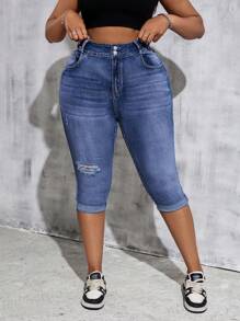 Slaydiva Jeans cortos azules con roturas y elásticos de talla grande, pantalones vaqueros casuales de ciclismo elásticos de talla grande para todo el año, jeans elásticos de talla grande con roturas y sexy de tela vaquera - Azul - Ver 4