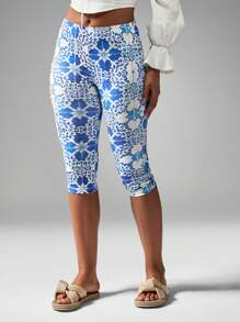 MISSGUIDED Mediterranean Tile Print Capri Leggings High Waist Compression Workout Summer Beach Vacation Resort Wear Cropped Athletic Pants Moisture Wicking Performance