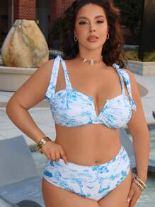 SHEIN Swim Curve Plus Size Women 2pcs Floral Print V-Neck Halter Top With High Leg Triangle Bottoms Swimsuit Set - Multicolor - View 6