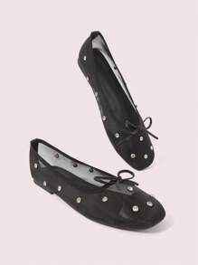 CUCCOO DOLLMOD Designer Rhinestone Decor V-Cut Square Toe Black Flat Shoes, Soft & Comfortable Cloud-Like Design, Versatile Casual Elegant Women Flats, Red Color, Mary Jane Style, Suitable For Dating, Valentine's Day - Black - View 8