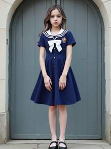 Abito blu navy stile preppy con scollo a V, fiocco e maniche corte per bambine, look carino da divisa scolastica, adatto per primavera/estate