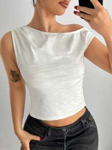 EgrlEra Top court à col asymétrique de couleur unie pour femme - Blanc - Voir 5