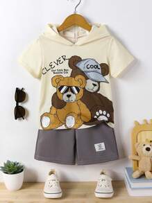 SHEIN 2pcs/Set Young Boy Bear Print Hooded Short Sleeve Shorts Outfit