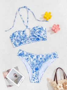 Swim Vcay Women's Floral Print Halter Neck Bikini Set For Beach Vacation