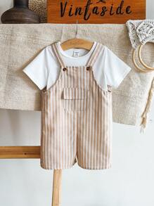 Vintaside Kids Conjunto casual de bebé niño con camiseta de manga corta de cuello redondo de unicolor y peto a rayas - Multicolor - Ver 3