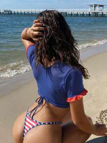 Swim SXY 3pcs Beach Outfit For Women, Multi-Color Contrast Trim USA Flag Print Triangle Halter Sexy Bikini Set With Sleeveless Round Neck Cover-Up, 4th Of July For Summer Beach Vacation