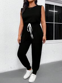SHEIN LUNE Plus Size Women Solid Color Round Neck Waist Tie Casual Jumpsuit - Black - View 7