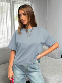 Siren Gaze 女款基礎短前長後T卹，簡約風格 - 淺藍色 - 查看 4