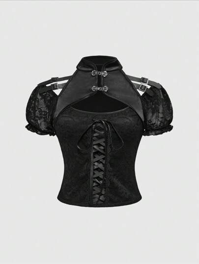 J-Fashion Goth Style Hollow Metallic Buckle Lace-Up Women T-Shirt