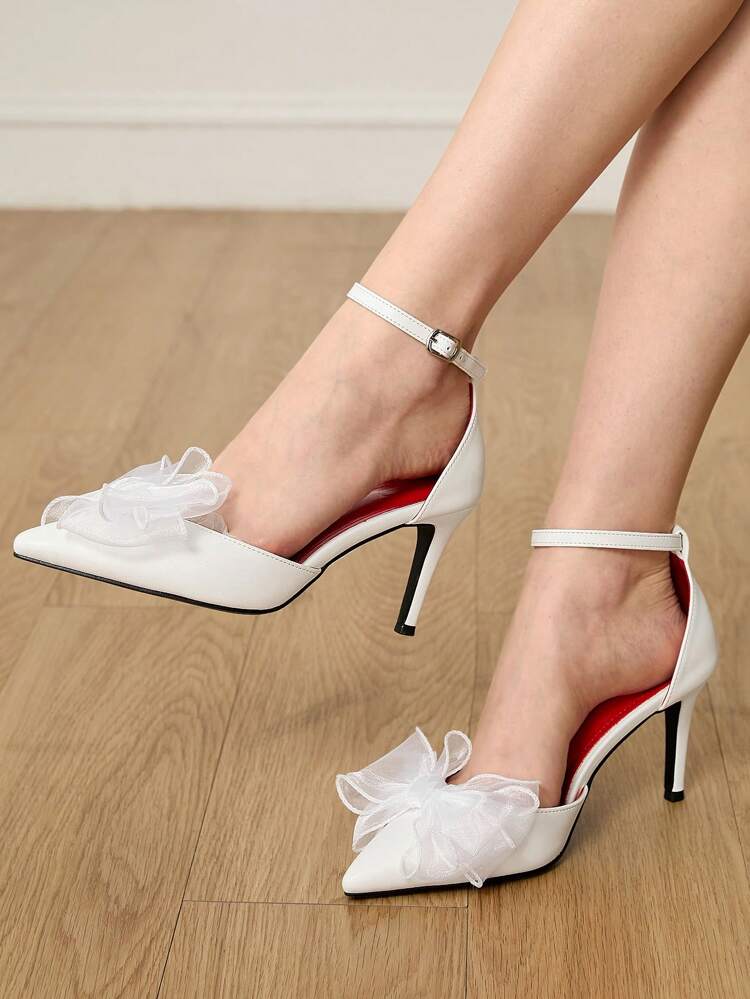 CUCCOO HITCHD Tacones altos de punta fina con malla blanca y doble lazo, románticos, elegantes y dulces tacones de ensueño blancos para mujer con correa de tobillo, adecuados para bodas, fiestas, ocasiones formales y vestidos de novia