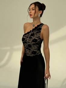 Aloruh Lace & Mesh Patchwork Satin Asymmetrical Neck Elegant Dress - Black - View 4
