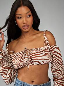 MISSGUIDED Blusa de moda casual de estilo de fiesta de vacaciones de festival bohemio de playa de verano con diseño de lazo, mangas abultadas y hombros descubiertos con estampado de tigre