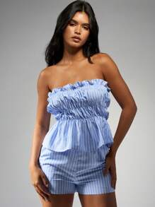 MISSGUIDED Summer Stripe Ruched Two-Piece Set Bandeau Top High Waist Shorts Seersucker Vacation Beach Resort Co-Ord Set Spring Holiday Outfit - Blue and White - View 1
