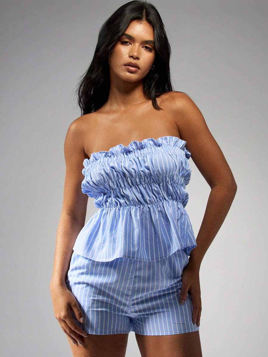 MISSGUIDED Summer Stripe Ruched Two-Piece Set Bandeau Top High Waist Shorts Seersucker Vacation Beach Resort Co-Ord Set Spring Holiday Outfit - Blue and White - View 1