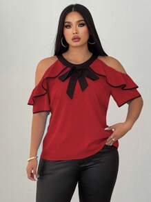 Elenzga Blusa elegante de manga corta con detalles de encaje y bloques de color para mujer