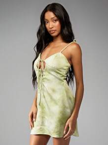 MISSGUIDED 系带迷你连衣裙 夏季春季 A 字镂空派对俱乐部节日吊带无袖短款时尚女装 圣诞节 - 綠色 - 查看 4