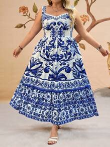 Travachic Vestido Romântico Solto de Linha A com Alça Fina, Decote Doce e Cintura Franzida, Estampa Floral Azul e Branca, Plus Size, para Férias, Boho, Vestimenta Western para Mulheres, Festival, Boêmio, Looks de Verão para Mulheres, Praia, Looks de Primavera para Mulheres