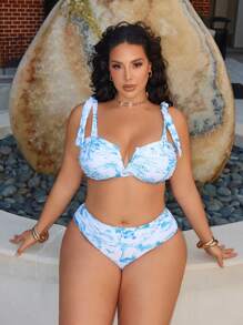 SHEIN Swim Curve Plus Size Women 2pcs Floral Print V-Neck Halter Top With High Leg Triangle Bottoms Swimsuit Set - Multicolor - View 7
