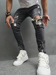 Manfinity LEGND Men's Pocket Ripped Skinny Casual Versatile Black Jeans - Black - View 3