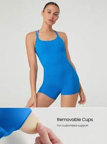 GLOWMODE 4.3" FeatherFit™ Power Play Tummy Control Crossover Strappy Back Romper Bodysuit tác động thấp Yoga Pilates Studio Hàng ngày Thường ngày Có thể tháo rời Cúp - Blue Power - Xem 4
