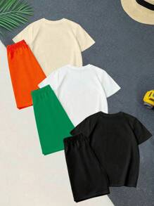 GraphicGems 6pcs Set Boys' Casual Creative Cartoon Racing Car Graphic Letter Print T-Shirt & Shorts Set, School, Campus, College