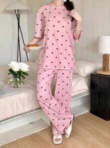 SHEIN 2 件套青少年女孩休闲蝴蝶印花圆领宽松 T 恤和宽腿休闲睡裤睡衣套装 - 粉色 - 查看 4