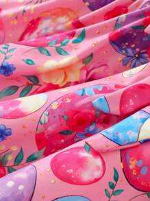 2pcs/Set Girls Cute Egg & Floral Print Short Sleeve Top With Ruffle Hem And Bow Decorated Skirt Suit,Easter Outfit, Summer