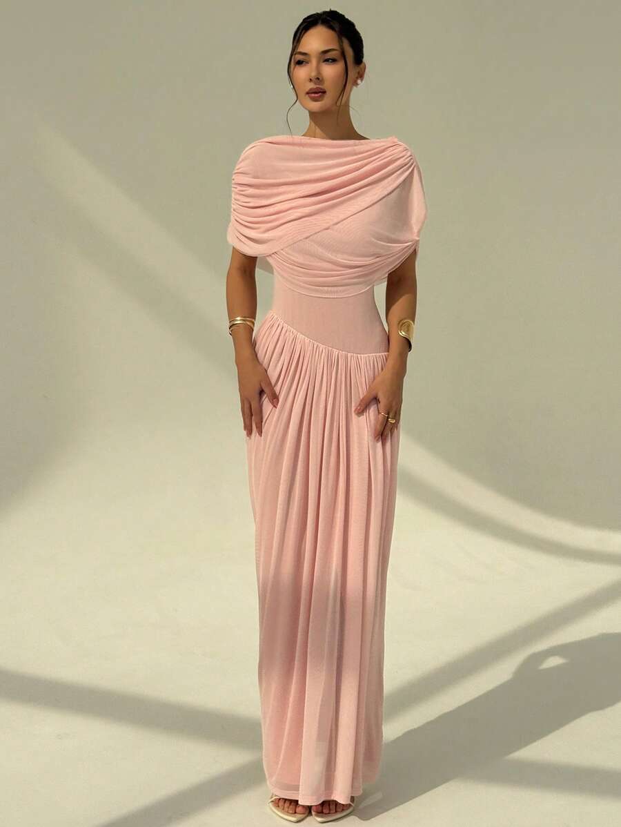 Aloruh 女士优雅纯色褶皱连衣裙 - 粉色 - 查看 1