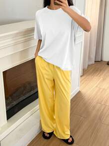 DAZY Simple Raglan Sleeve Top Paired With Straight Leg Pants Home Lounge Wear Set - White - View 3