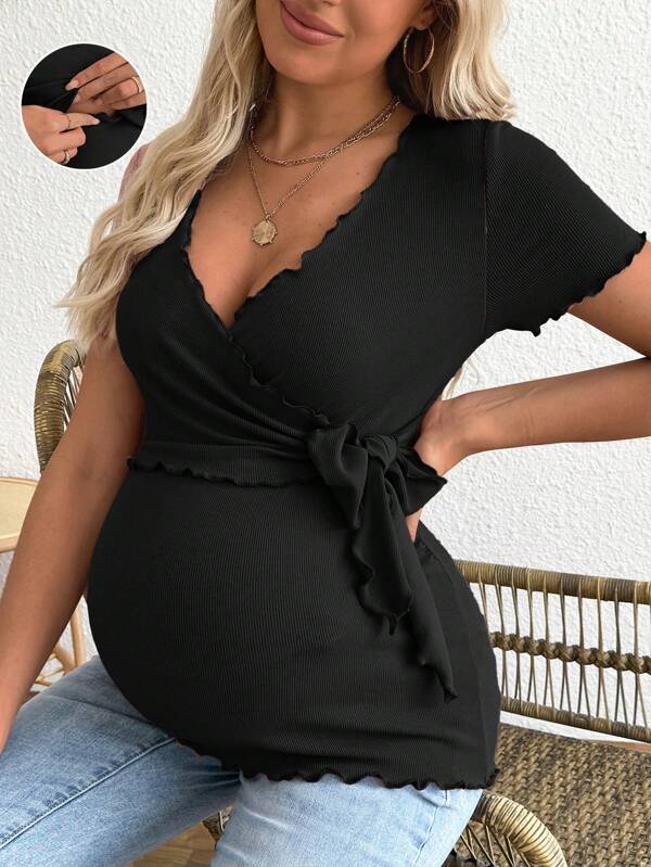 SHEIN T-shirt casual à manches courtes pour femmes enceintes, en couleur unie, avec fonction d'allaitement, noué