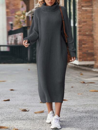 Turtleneck Raglan Sleeve Ribbed Knit Sweater Dress