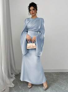 Rafferiza Women's Elegant Gathered Waist Fishtail Hem Cocktail Dress With Flare Sleeves, Shiny Fabric, Autumn/Winter Maxi Women Outfit Fall Cloth For Women