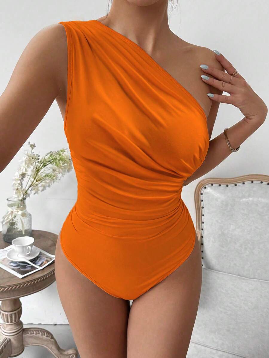 Zolique 1pc Women Solid Color Fashion Asymmetrical Shoulder Ruffle Bodysuit - Orange - View 1