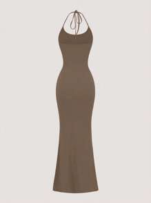 Sweetra 1 件女式纯色美人鱼下摆长款优雅挂脖连衣裙长款女装 - 摩卡棕 - 查看 2
