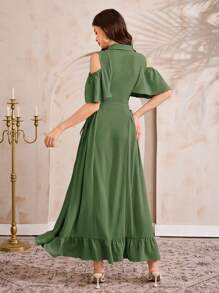 Al Najma Women's Floral Open Shoulder Ruffle Sleeve Arabic Style Dress - Green - View 2