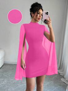 SHEIN PETITE Women's Stand Collar Chiffon Cape Mini Bodycon Dress - Hot Pink - View 1