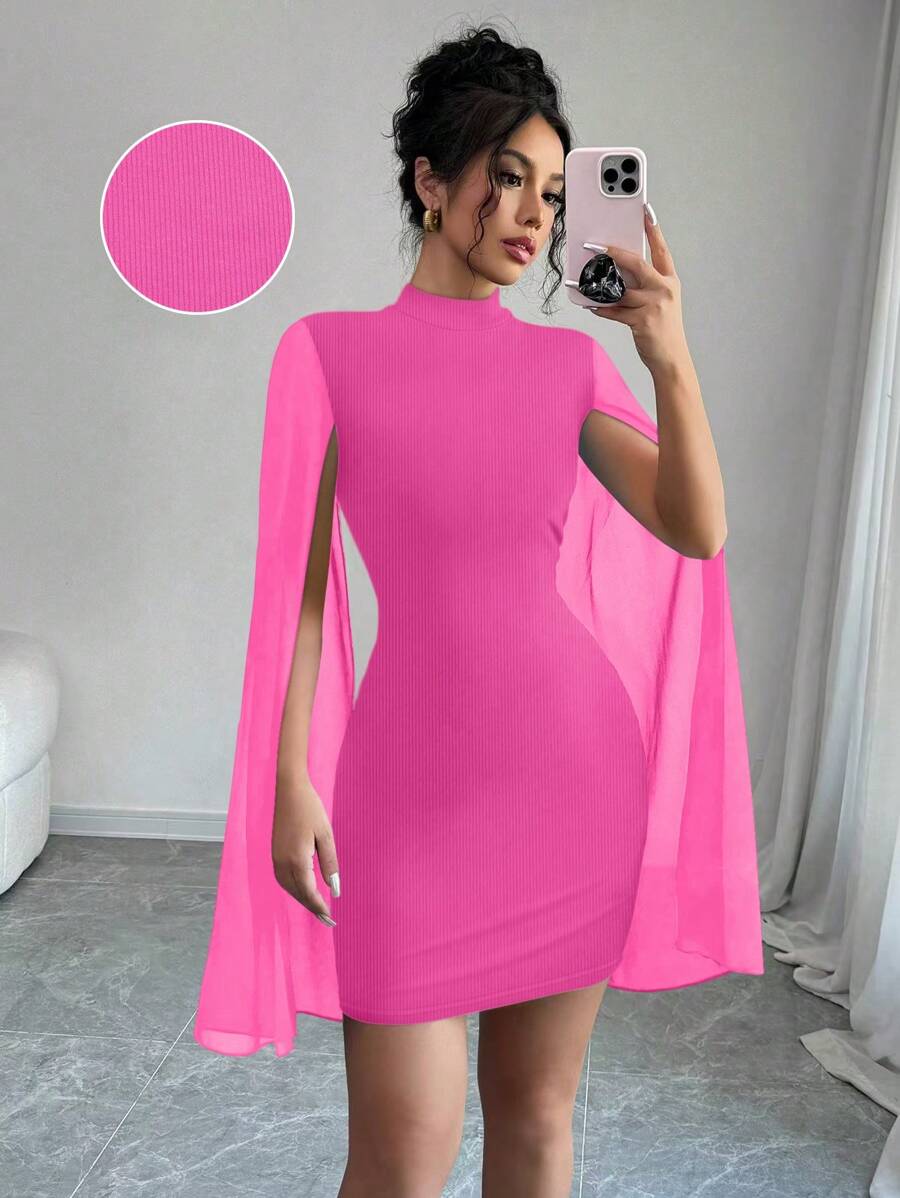 SHEIN PETITE Women's Stand Collar Chiffon Cape Mini Bodycon Dress - Hot Pink - View 1