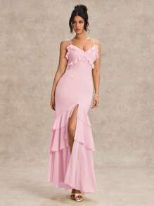 SHEIN BAE Women's Spring And Summer Solid Color Suspender V-Neck Ruffle Front Slit Chiffon Holiday Elegant Backless Dress Suitable For Wedding Bridesmaid Dress Prom Dress - Baby Pink - View 3