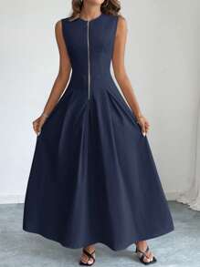 Firerie Women's Elegant Commuter Round Neck Sleeveless Front Zipper Dress,Business Casual Woman - Navy Blue - View 8