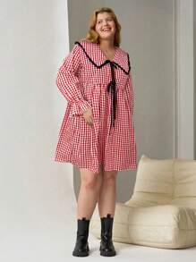 SHEIN EZwear Plus Size Spring Red & White Plaid Peter Pan Collar Dress - Red and White - View 4