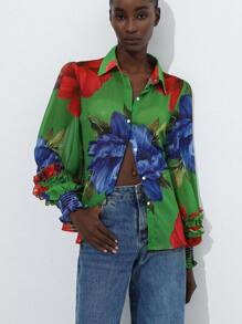 Aveloria Modichic Chiffon Contrast Color Floral Print Layered Flounce Cuff Long Sleeve Blouse Button Up Shirt Women 
