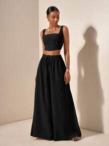 Zivah Nuevo conjunto de 2 piezas: Top con tirantes en forma de espina de pescado y pantalones de pierna ancha con bolsillos, tela texturizada, conjunto casual de vacaciones - B - Negro - Ver 3