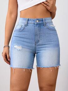 SHEIN Tall Women's Casual Washed Ripped Denim Shorts - Blue - View 5